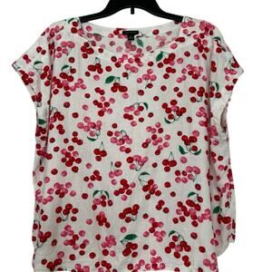 Ann Taylor Cherry Print Linen Blend Blouse Short Sleeve Boxy Top XL Novelty